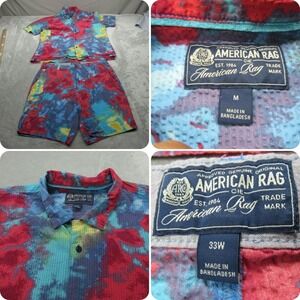 American Rag Shirt Shorts Set Men Medium 33W Seersucker Tie Dye Trippy Hippy 2pc